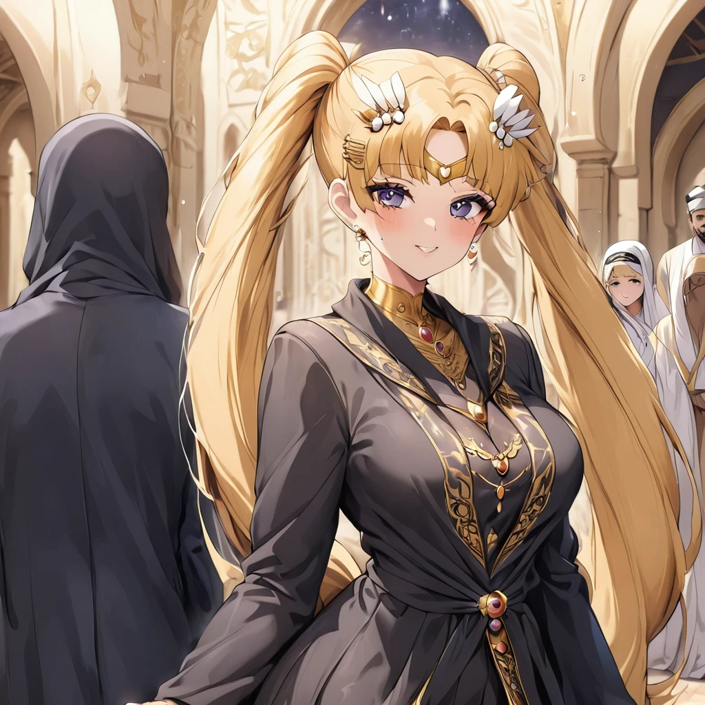 ((Highest quality)), ((masterpiece)), (detailed), (Perfect Face)、Women wear black sharahs、The woman is Tsukino Usagi, a devout Muslim., Arab with bright brown skin, In an Islamic prayer hall、She wears a gorgeous black abaya with gold embroidery.。, A gorgeous black hijab and niqab tightly covers her head, Gorgeous hair ornament, Gorgeous jewellery and engagement rings. The woman and the man are in a luxurious palace, And the woman、Wearing Arab national dress、In an Islamic prayer hall with a dignified bearded middle-aged Arab Muslim man。.、The woman is the elegant Tsukino Usagi, Her long blonde hair was tied in twin tails, Black abaya and、She is wearing a gorgeous black shayra that fits her body perfectly.. She is a devout Muslim Arab with vibrant brown skin.。.、(The woman was named Tsukino Usagi.、He is a dark-skinned Arab and a devout Muslim.。.)