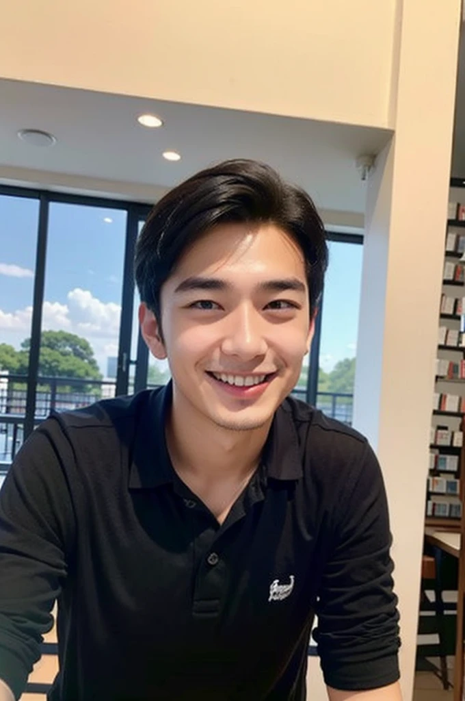 young asian man in a black polo shirt standing by the window with a smiling face, looking into the distance Turn your head slightly.,(library:1.5)