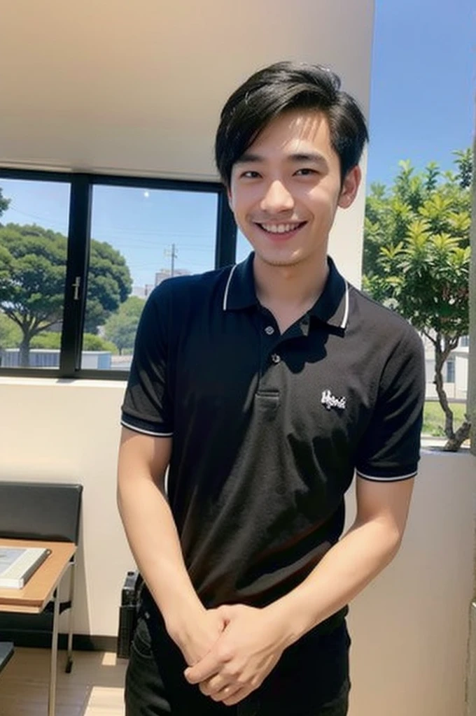young asian man in a black polo shirt standing by the window with a smiling face, looking into the distance Turn your head slightly.，(library:1.5)
