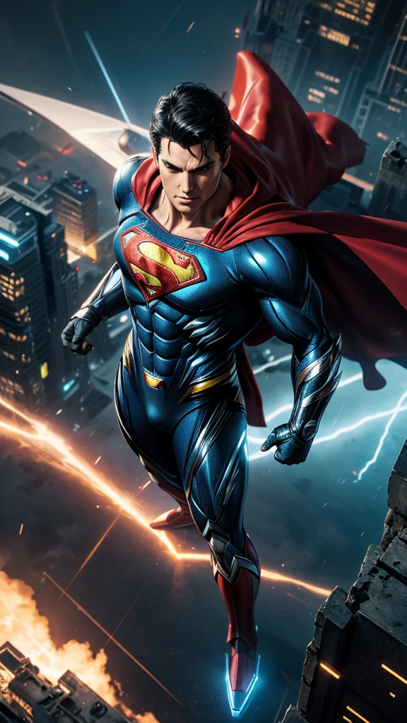 Masterpiece, best quality, NVIDIA RTX, sharp picture, cinematic lightning, ((hi-tech futuristic Superman)), ((Superman symbol)), ((floating)), perfect face, proportional body, luminous mecha-armor:1.3, glowing mecha armor:1.3, (cape blown by strong winds:1.3), on top of a bulding, full body, epic lights reflection, night, smokes, from above