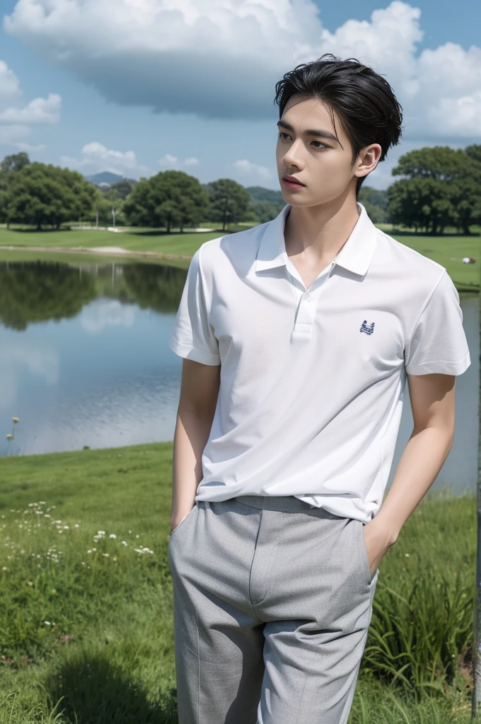 Young man in a white polo shirt Standing on the edge of the meadow with an expression on his face, looking into the distance Turn your head slightly.，Cloudy day, coffee shop