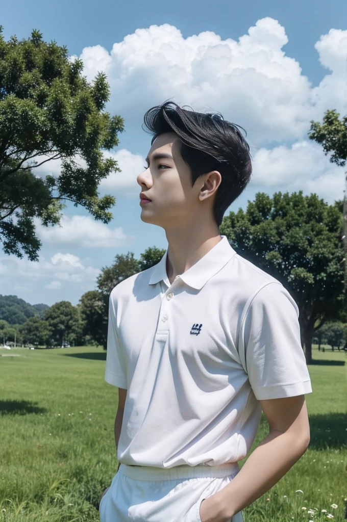 Young man in a white polo shirt Standing on the edge of the meadow with an expression on his face, looking into the distance Turn your head slightly.，Cloudy day, coffee shop