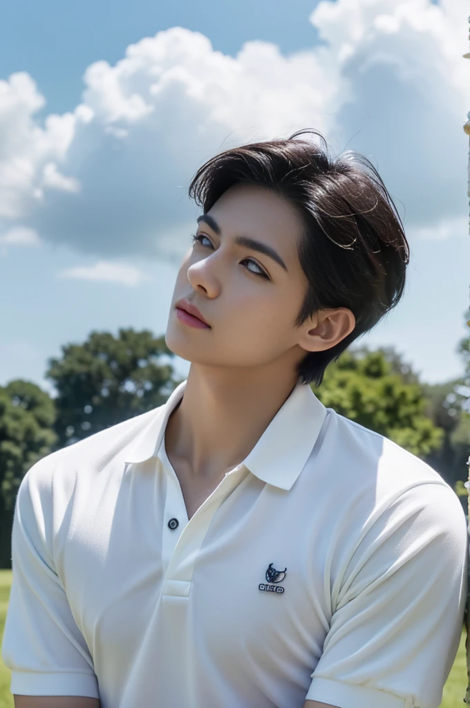 Young man in a white polo shirt Standing on the edge of the meadow with an expression on his face, looking into the distance Turn your head slightly.,Cloudy day, coffee shop
