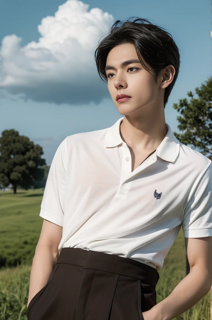 Young man in a white polo shirt Standing on the edge of the meadow with an expression on his face, looking into the distance Turn your head slightly.，Cloudy day, coffee shop