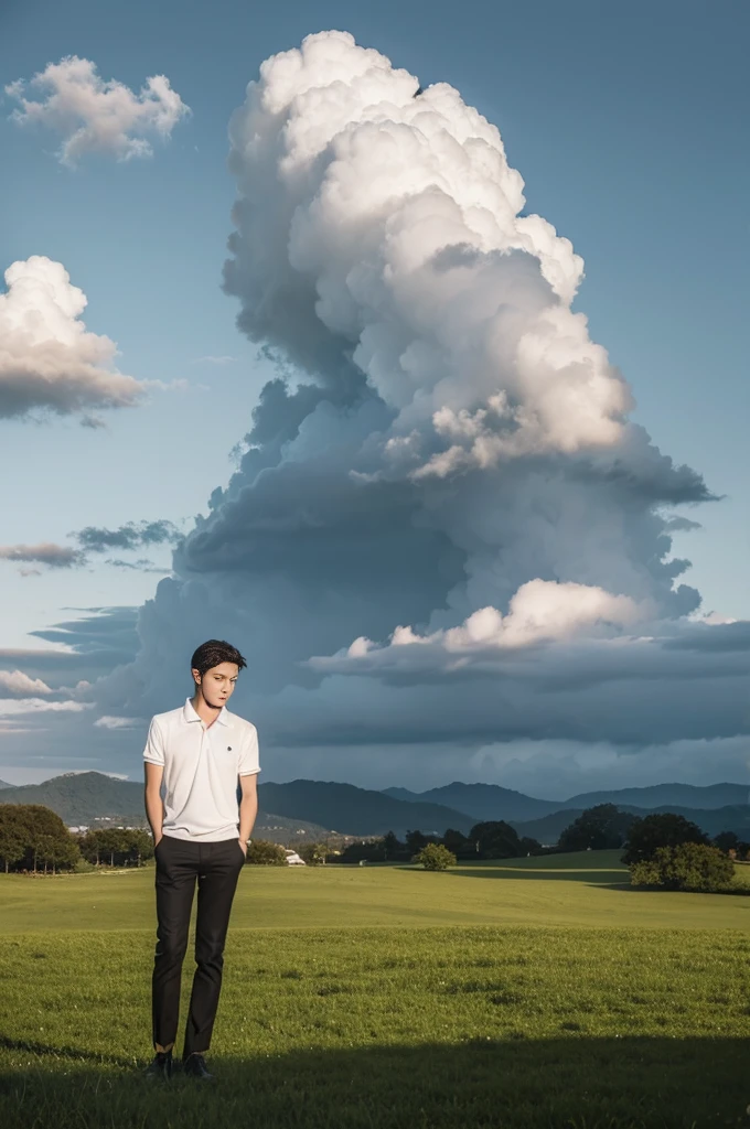 Young man in a white polo shirt Standing on the edge of the meadow with an expression on his face, looking into the distance Turn your head slightly.,Cloudy day, coffee shop