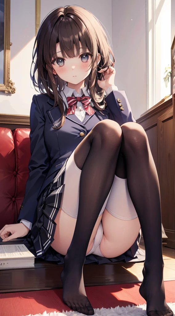 Highest quality, masterpiece, High resolution, (Head to Toe full body), front, frontやや下からの構図, Symmetric, Tall 18 year old girl, alone, (Head to Toe), (Small breasts), Unkempt brown hair, bangs, (black tights), (Black Pantyhose), (Sit with your legs apart), (Crouching pose), (Composition depicting white panties), (Her legs were spread、I see your white pants.), (I was made to sit on the floor with my legs spread...), (M-shaped feet), Thin legs, Very beautiful 18 year old girl, (No shoes), blush, Shy big eyes, Looking into the camera, Blazer Uniform, Checkered Pleated Skirt、Megumi Kato