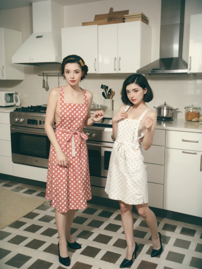 1950s housewife in a polka dot dress and apron, baking in a retro kitchen with colorful appliances and a checkered floor