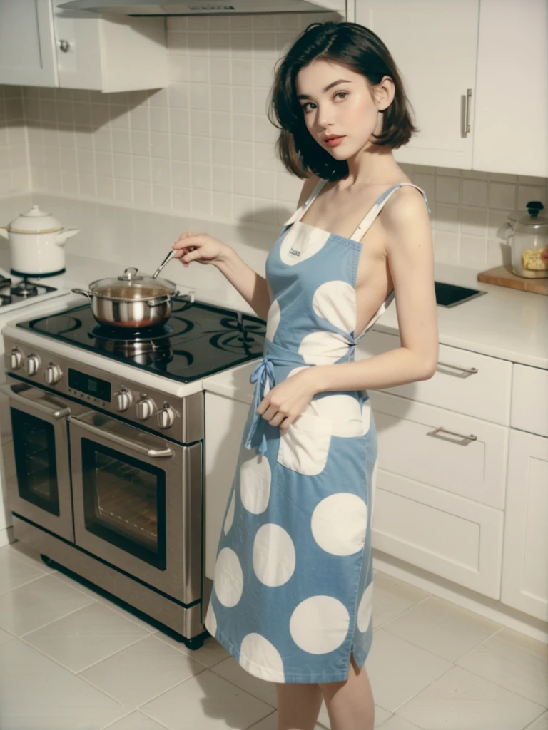 1950s housewife in a polka dot dress and apron, baking in a retro kitchen with colorful appliances and a checkered floor