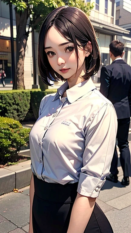 1 Woman, Japanese Woman,(Housewife:1.5),(40 Years Old:1.68),(Attractive Mature Woman:1.66),(Middle Age:1.78),(Small Round Face:1,69),(small breasts:1.5),((graduated haircut)),(Casual, collared cutter shirts, buttons,long tight skirt),(((Cities, streets, trees, sidewalks)))