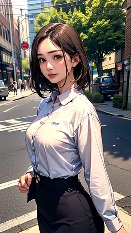 1 Woman, Japanese Woman,(Housewife:1.5),(40 Years Old:1.68),(Attractive Mature Woman:1.66),(Middle Age:1.78),(Small Round Face:1,69),(small breasts:1.5),((graduated haircut)),(Casual, collared cutter shirts, buttons,long tight skirt),(((Cities, streets, trees, sidewalks)))