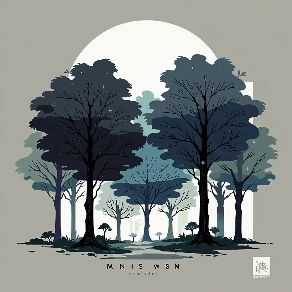 Design a logo featuring trees covered in mist. The trees should be completely white, standing out against a solid black background. The mist should be a light grey color, creating a soft, ethereal effect around the trees. Incorporate subtle Japanese texture elements into the mist to enhance the design. The overall style should be minimalistic and elegant, suitable for a logo. Ensure the design is clean and recognizable even at smaller sizes.