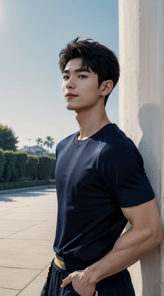 (As a matter of fact, Masterpiece, 8k HD, good light quality, sportswear, fit the face, complicated details), A handsome, muscular young Korean man. ,(Broad shoulders:1.3), 20 years old, be happy, smile brightly, detailed face, delicate eyes, มองดูsky, (Wear a navy tight T-shirt.:1.6), period, black eyes, Black hair color, ผมsmooth, smooth, outdoor sports, Along the garden, Sunny,sky，Surreal，Awesome details，Highest quality，real，Open your mouth to talk.