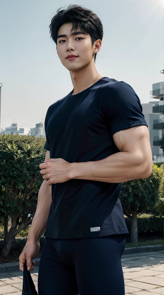 (As a matter of fact, Masterpiece, 8k HD, good light quality, sportswear, fit the face, complicated details), A handsome, muscular young Korean man. ,(Broad shoulders:1.3), 20 years old, be happy, smile brightly, detailed face, delicate eyes, มองดูsky, (Wear a navy tight T-shirt.:1.6), period, black eyes, Black hair color, ผมsmooth, smooth, outdoor sports, Along the garden, Sunny,sky,Surreal,Awesome details,Highest quality,real,Open your mouth to talk.
