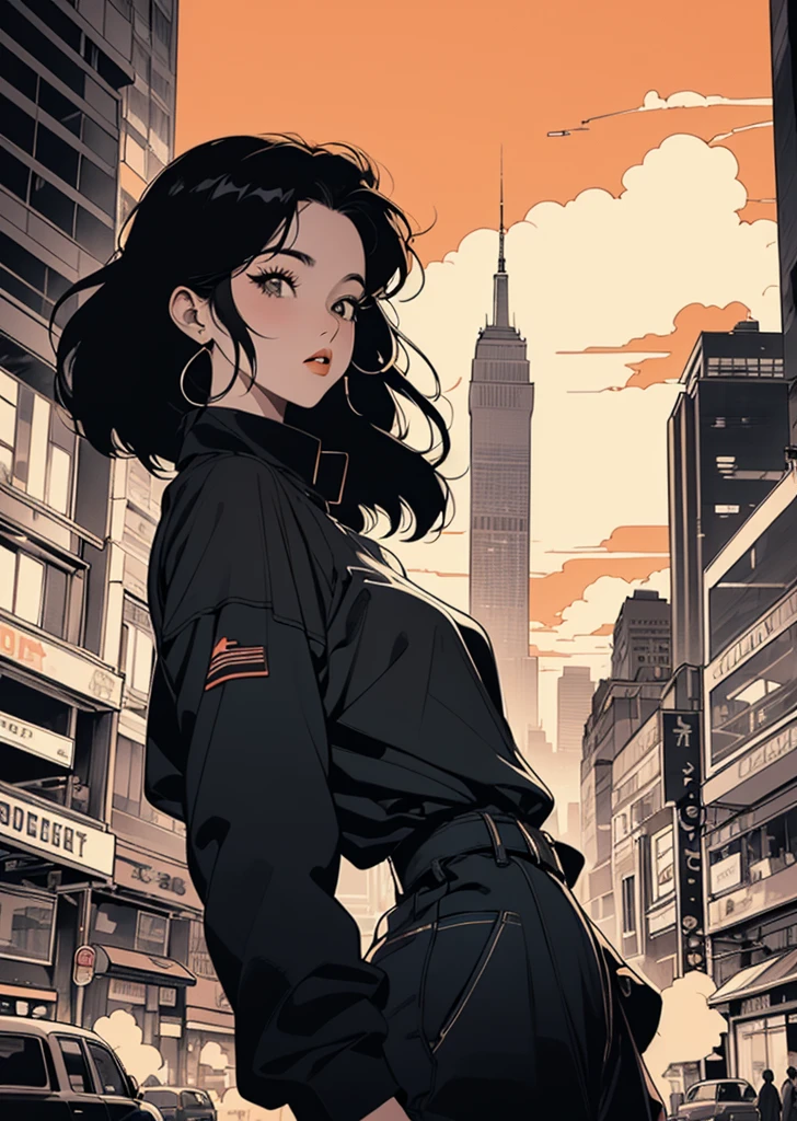 Retro Girl, Manhattan, New York, sunset, skyscraper、Steam rising from the street, 1960s, fashion、(Flat Color, flat texture, Line art:1.2), Graphical Design, (Dark ink, Ink Black), 