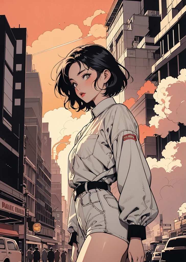 Retro Girl, Manhattan, New York, sunset, skyscraper、Steam rising from the street, 1960s, fashion、(Flat Color, flat texture, Line art:1.2), Graphical Design, (Dark ink, Ink Black), 