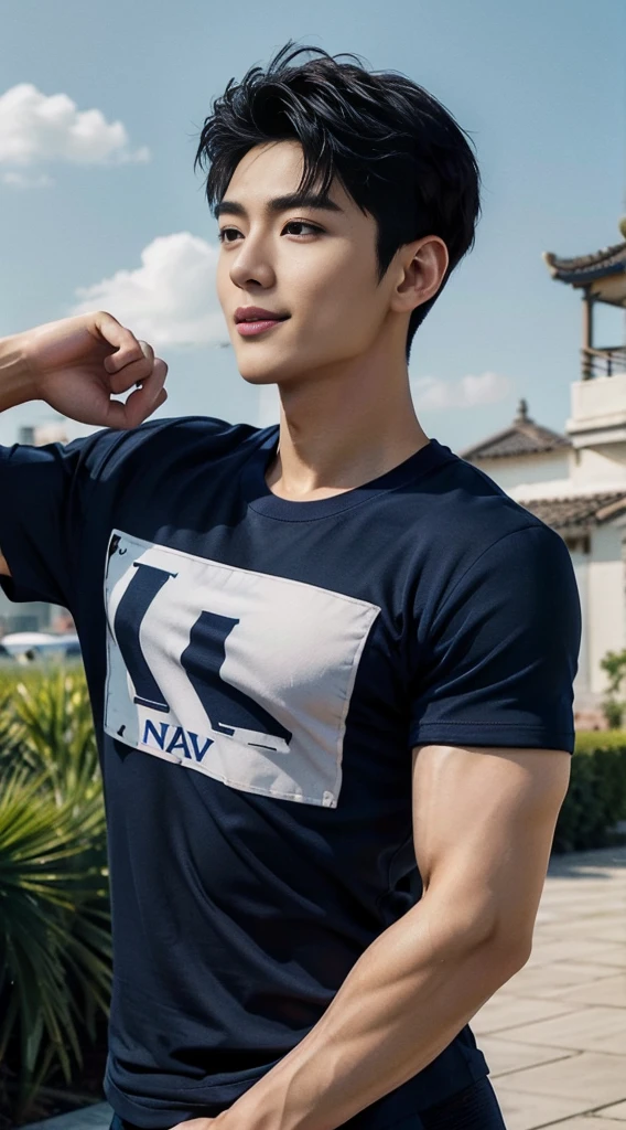 (As a matter of fact, Masterpiece, 8k HD, good light quality, sportswear, fit the face, complicated details), A handsome, muscular young Korean man. ,(Broad shoulders:1.3), 20 years old, be happy, smile brightly, detailed face, delicate eyes, มองดูsky, (Wear a navy tight T-shirt.:1.6), period, black eyes, Black hair color, ผมsmooth, smooth, outdoor sports, Along the garden, Sunny,sky,Surreal,Awesome details,Highest quality,real,Open your mouth to talk.