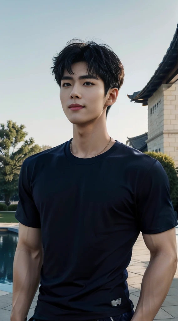 (As a matter of fact, Masterpiece, 8k HD, good light quality, sportswear, fit the face, complicated details), A handsome, muscular young Korean man. ,(Broad shoulders:1.3), 20 years old, be happy, smile brightly, detailed face, delicate eyes, มองดูsky, (Wear a navy tight T-shirt.:1.6), period, black eyes, Black hair color, ผมsmooth, smooth, outdoor sports, Along the garden, Sunny,sky,Surreal,Awesome details,Highest quality,real,Open your mouth to talk.