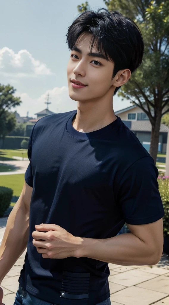 (As a matter of fact, Masterpiece, 8k HD, good light quality, sportswear, fit the face, complicated details), A handsome, muscular young Korean man. ,(Broad shoulders:1.3), 20 years old, be happy, smile brightly, detailed face, delicate eyes, มองดูsky, (Wear a navy tight T-shirt.:1.6), period, black eyes, Black hair color, ผมsmooth, smooth, outdoor sports, Along the garden, Sunny,sky，Surreal，Awesome details，Highest quality，real，Open your mouth to talk.