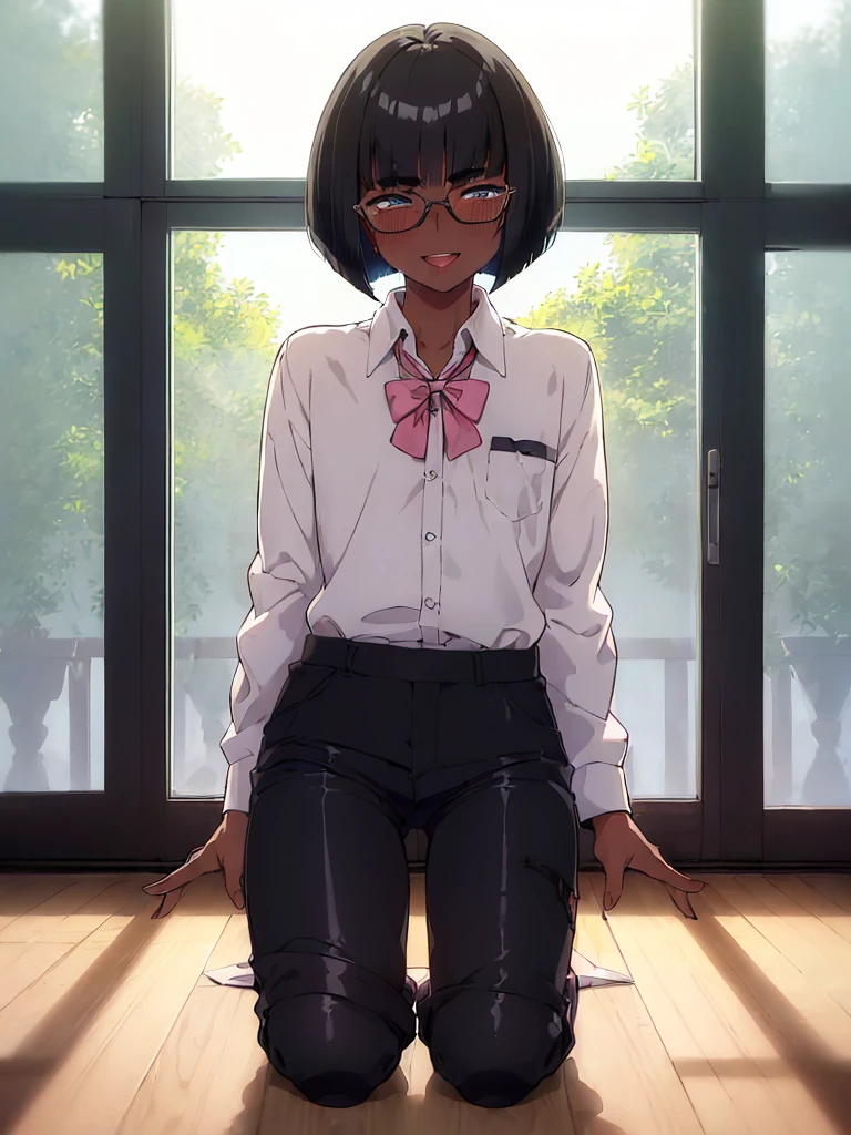 (1 feminine boy solo:1.7),(dark skin:1.5),(masterpiece:1.2), highest quality, High resolution, unity 8k wallpaper, (fine and beautiful eyes:1.6), highly detailed face, perfect lighting, Detailed CG, (perfect hands, perfect anatomy),20 years old, (black hair:1.3), detailed eyes, best quality, extremely detailed, very precise detailed, (glasses:1.4), (blunt bangs:1.5), (open mouth:1.2), (bob cut:1.5), (evil smile:1.4), , (half closed eyes:1.3) ,long sidelocks, (blush:1.3),(kneeling:1.3),(Put left knee in front:1.5),(school uniform pant:1.5),