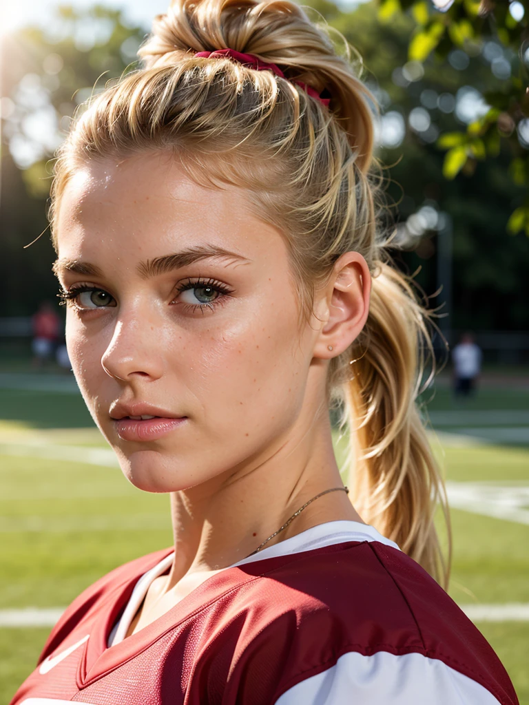 Beautiful blonde, ponytail hairstyle, athletic body, football uniform, posing on a football field, looking at the viewer, sunlight passing through her hair, depth of field, bokeh