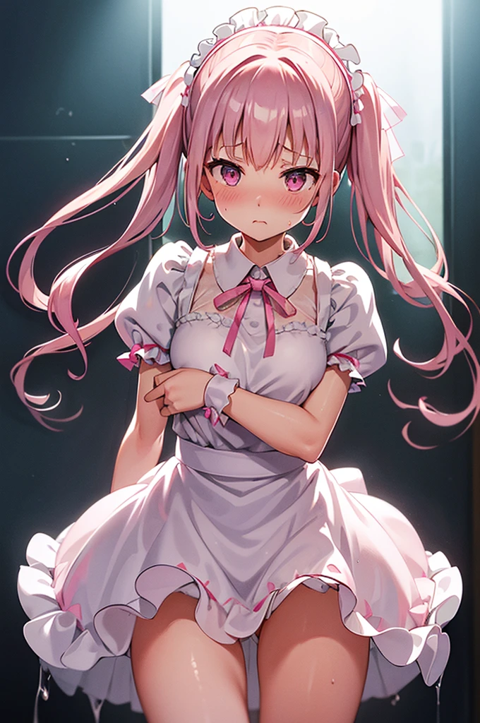 Highest quality、Shiny silk short sleeve puff sleeve pink maid outfit、transparent、Very short skirt、Giant ribbon、A short white ruffled apron、Garter belt with ribbon、Pink high heels with ribbon、Large headband with ribbon、Flushed Cheeks、Embarrassed look、Heavy breathing、Pure white underwear、Soaking wet、storm、Stand on a chair and stretch、Low - Angle
