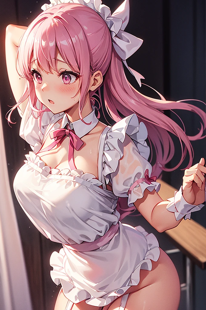 Highest quality、Shiny silk short sleeve puff sleeve pink maid outfit、transparent、Very short skirt、Giant ribbon、A short white ruffled apron、Garter belt with ribbon、Pink high heels with ribbon、Large headband with ribbon、Flushed Cheeks、Embarrassed look、Heavy breathing、Pure white underwear、Soaking wet、storm、Stand on a chair and stretch、Low - Angle