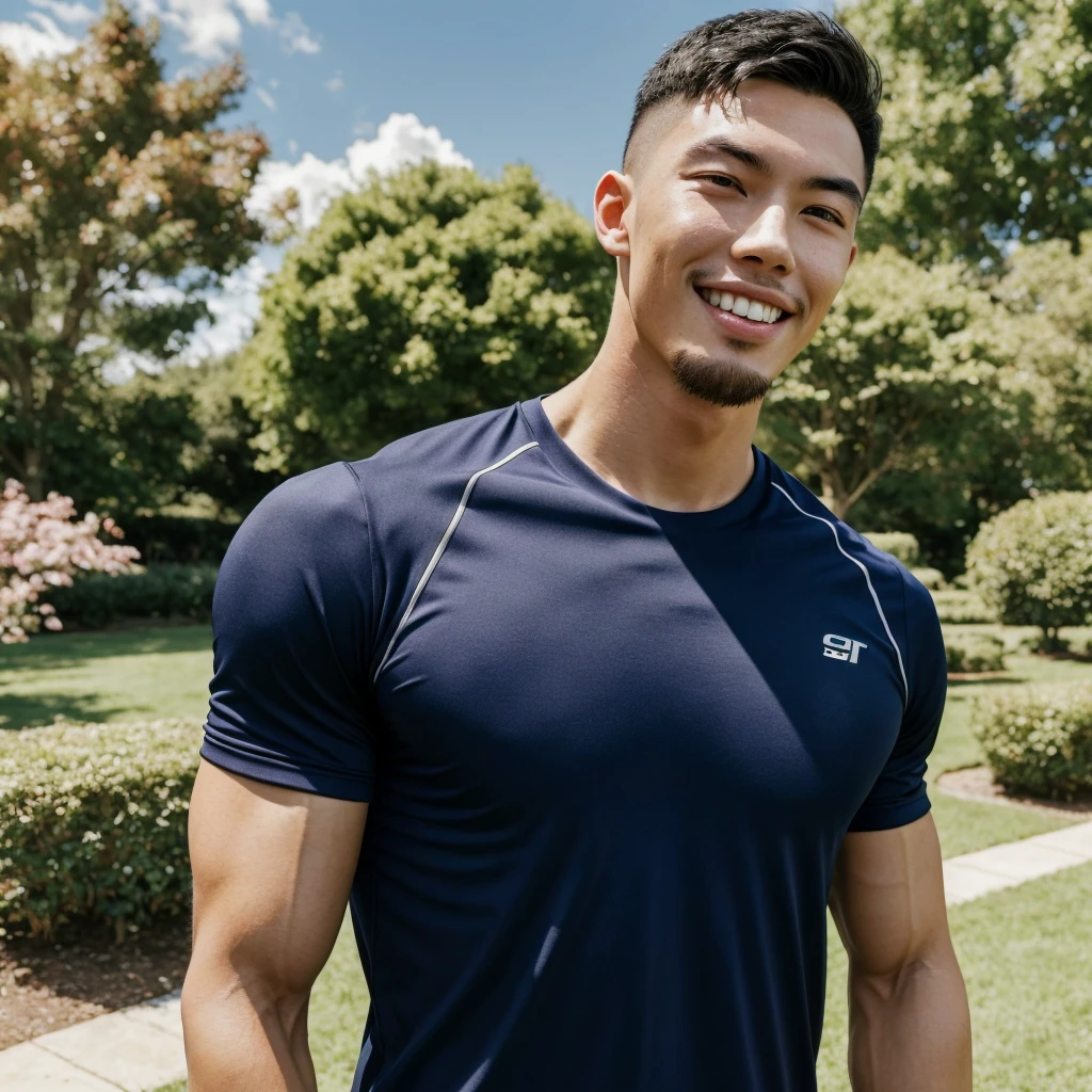 Tony Labrusca, (As a matter of fact, Masterpiece, 8k HD, good light quality, sportswear, fit the face, complicated details), A handsome, muscular young Korean man. , 20 years old, be happy, smile brightly, detailed face, delicate eyes, มองดูsky, Wear a navy tight T-shirt.:1.6, period, black eyes, Black hair color, ผมsmooth, smooth, outdoor sports, Along the garden, Sunny,sky，Surreal，Awesome details，Highest quality，real，Open your mouth to talk. , Close your eyes.
