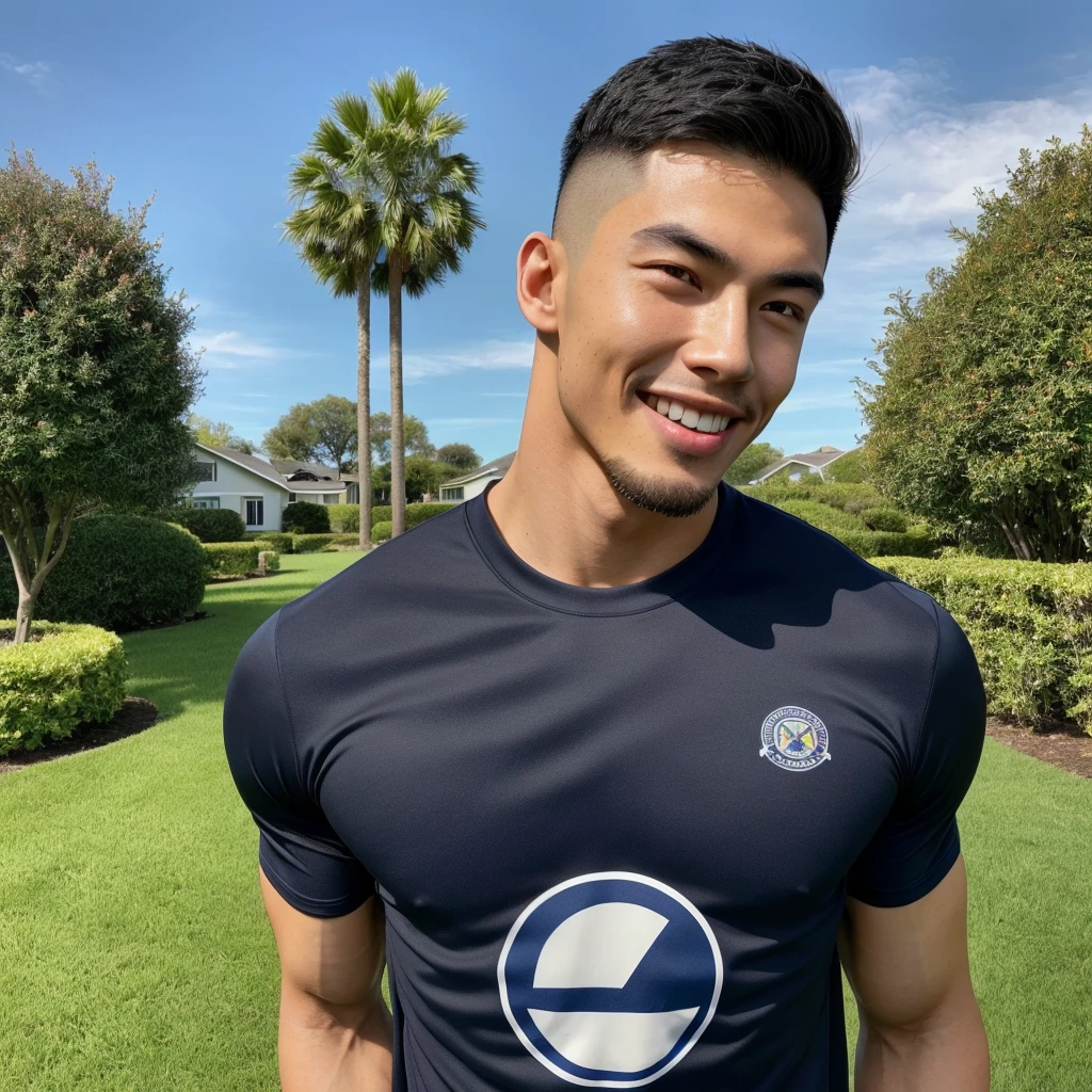 Tony Labrusca, (As a matter of fact, Masterpiece, 8k HD, good light quality, sportswear, fit the face, complicated details), A handsome, muscular young Korean man. , 20 years old, be happy, smile brightly, detailed face, delicate eyes, มองดูsky, Wear a navy tight T-shirt.:1.6, period, black eyes, Black hair color, ผมsmooth, smooth, outdoor sports, Along the garden, Sunny,sky,Surreal,Awesome details,Highest quality,real,Open your mouth to talk. , Close your eyes.