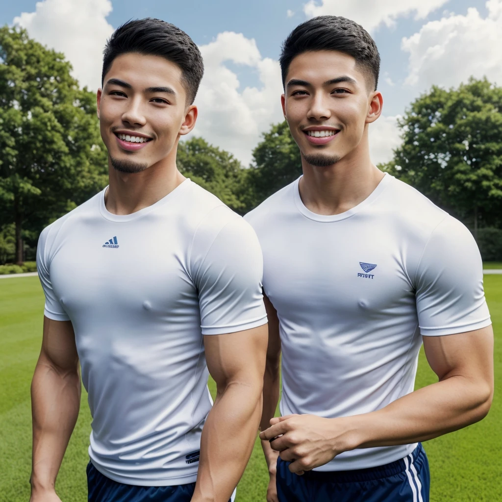 Tony Labrusca, (As a matter of fact, Masterpiece, 8k HD, good light quality, sportswear, fit the face, complicated details), A handsome, muscular young Korean man. , 20 years old, be happy, smile brightly, detailed face, delicate eyes, มองดูsky, Wear a navy tight T-shirt.:1.6, period, black eyes, Black hair color, ผมsmooth, smooth, outdoor sports, Along the garden, Sunny,sky,Surreal,Awesome details,Highest quality,real,Open your mouth to talk. , Close your eyes.
