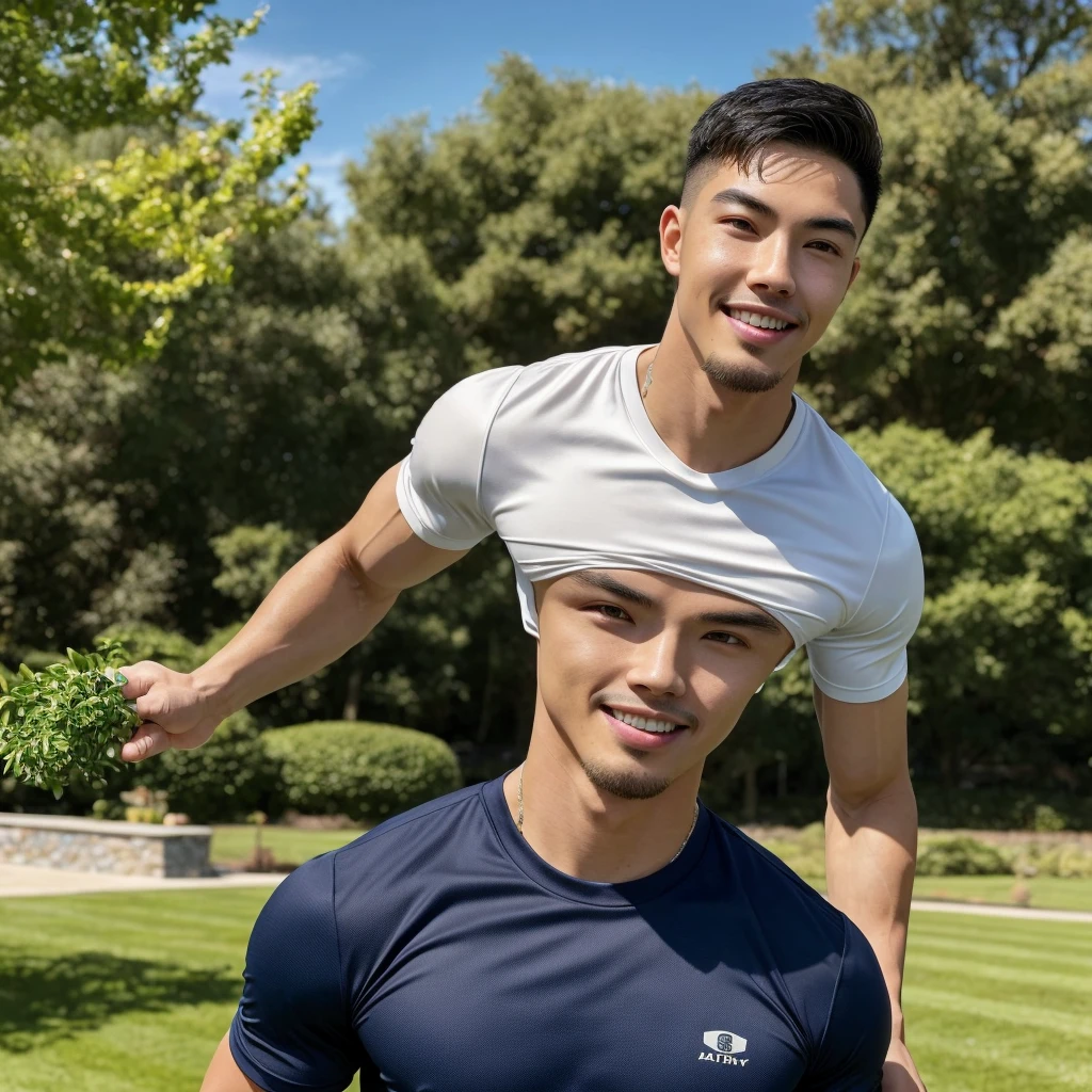 Tony Labrusca, (As a matter of fact, Masterpiece, 8k HD, good light quality, sportswear, fit the face, complicated details), A handsome, muscular young Korean man. , 20 years old, be happy, smile brightly, detailed face, delicate eyes, มองดูsky, Wear a navy tight T-shirt.:1.6, period, black eyes, Black hair color, ผมsmooth, smooth, outdoor sports, Along the garden, Sunny,sky，Surreal，Awesome details，Highest quality，real，Open your mouth to talk. , Close your eyes.