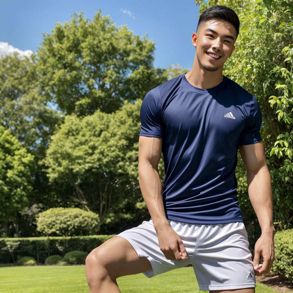 Tony Labrusca, (As a matter of fact, Masterpiece, 8k HD, good light quality, sportswear, fit the face, complicated details), A handsome, muscular young Korean man. , 20 years old, be happy, smile brightly, detailed face, delicate eyes, มองดูsky, Wear a navy tight T-shirt.:1.6, period, black eyes, Black hair color, ผมsmooth, smooth, outdoor sports, Along the garden, Sunny,sky，Surreal，Awesome details，Highest quality，real，Open your mouth to talk. , Close your eyes.