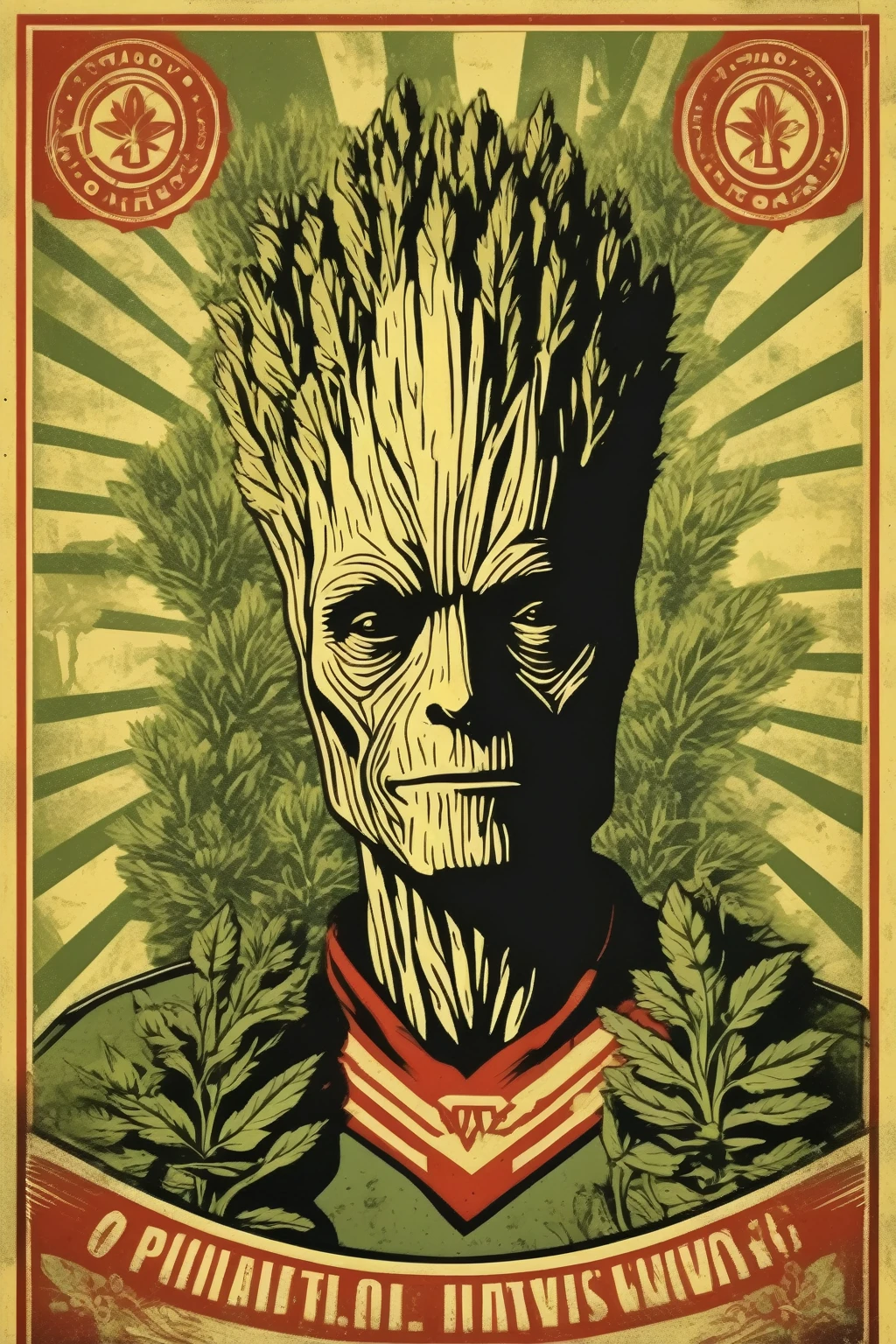 Shepard Fairey Style - a single color image of a Groot  weed farmer collective