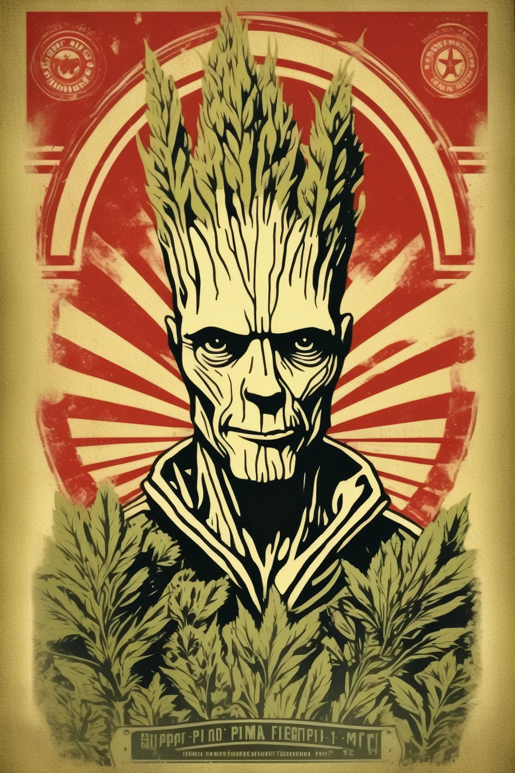 Shepard Fairey Style - a single color image of a Groot  weed farmer collective