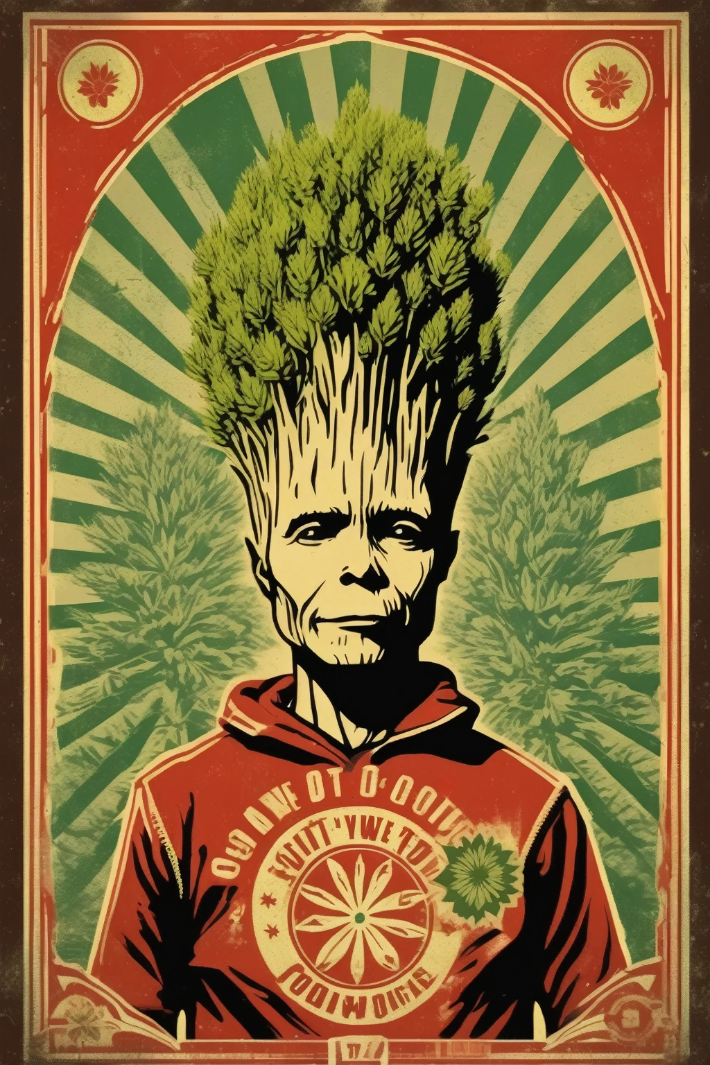 Shepard Fairey Style - a single color image of a Groot  weed farmer collective