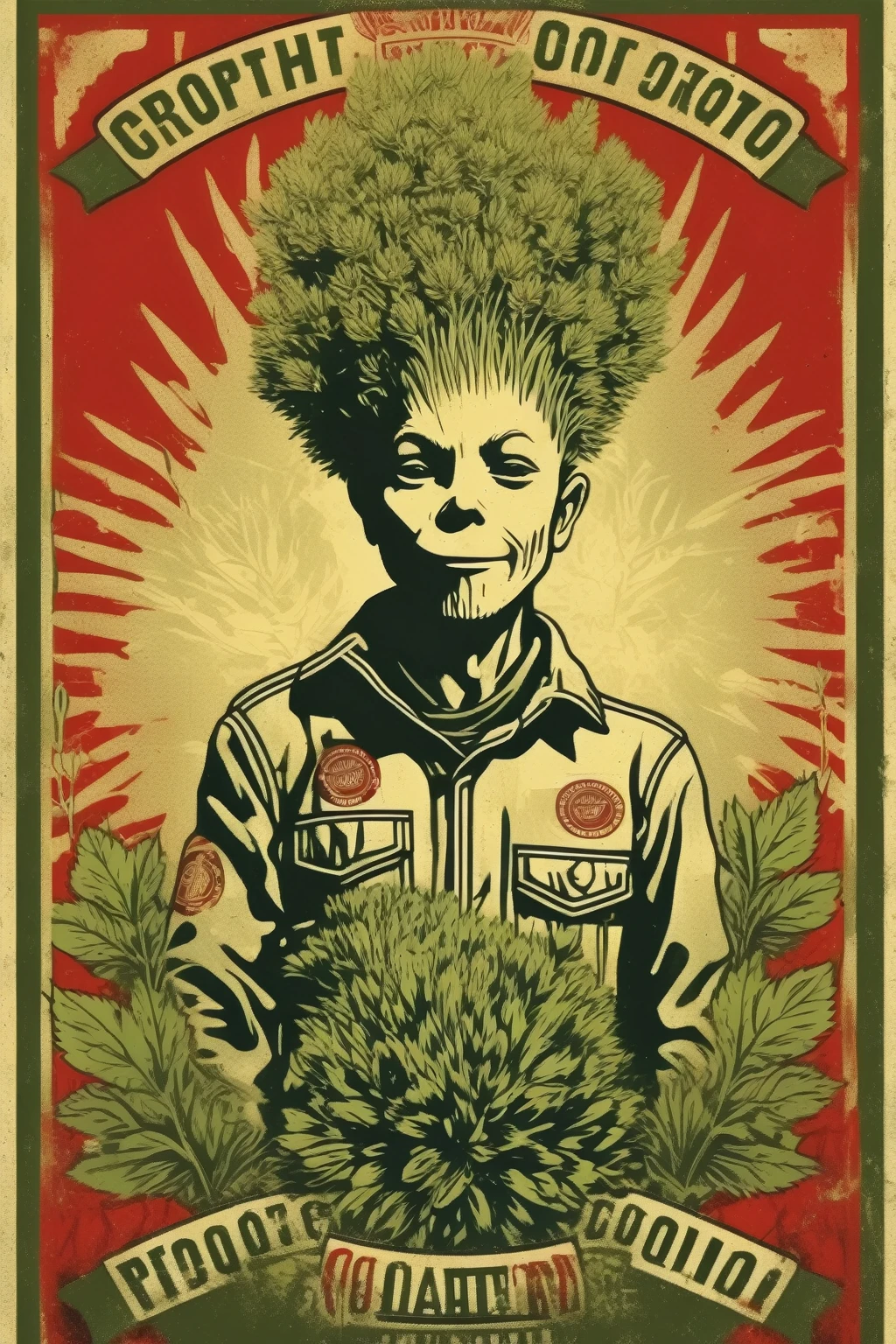 Shepard Fairey Style - a single color image of a Groot  weed farmer collective