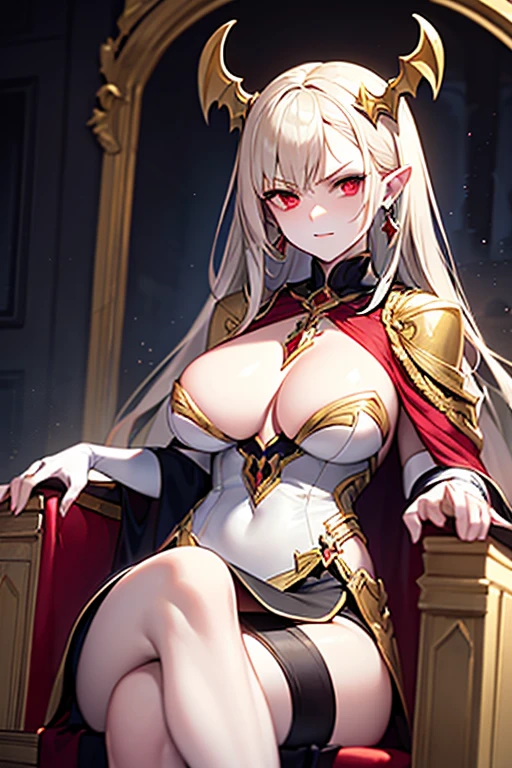 masterpiece, extra limbs, 1vampire lady, 250 years old,(light gold extra long hair), slant blank ruby red eyes, big breasts, muscle,(pale white finely detailed skin), (serious),(((clothed:1.5 Necromancer))),hair ornaments,earrings,cape,evil sword,crossed legs,sitting on throne,old castle,midnight