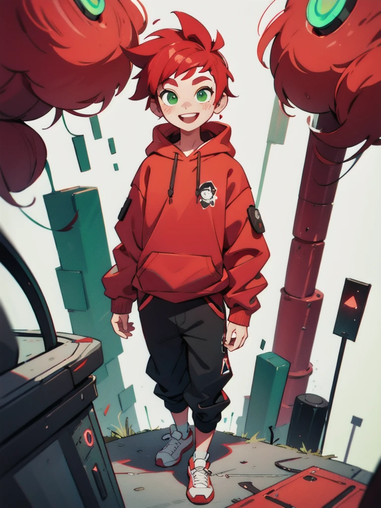 １０Year old boy、White hair mixed with red hair、Green eyes、Cyberpunk Style、Wearing a red and black hoodie、A cheerful smile、whole body、