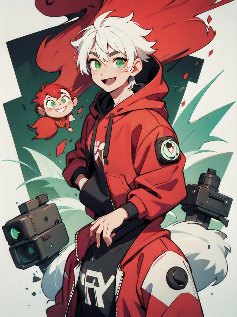 １０Year old boy、White hair mixed with red hair、Green eyes、Cyberpunk Style、Wearing a red and black hoodie、A cheerful smile、whole body、