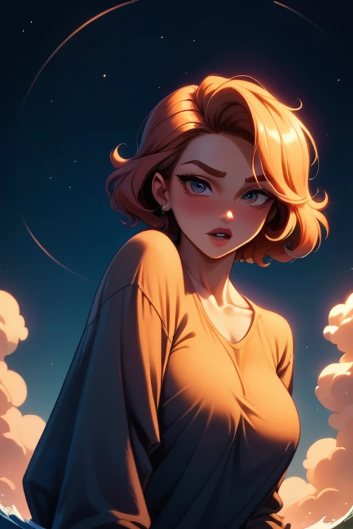 tall woman(Hair=Long, red, loose wave. Eyes= blue; large breasts; pale skin; blushing), Disney-style cgi, casual attire; dim incandescent lighting; best quality; trending on artstation; complex volumetric lighting; strong shadows; artistic lighting; dynamic; energetic vibe; subsurface scattering; specular highlights; micro-textures; contour drawing; golden ratio composition