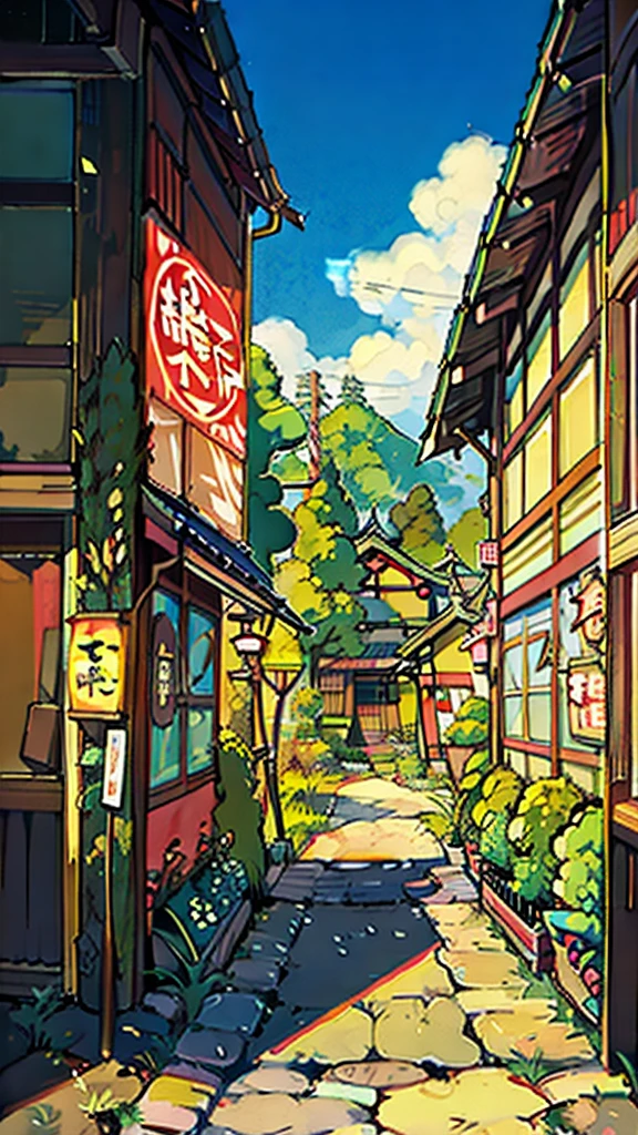 urban Japanese street next to stream of water, traditional Japanese lantern, (no one: 1), no one in sight, no people, best quality, anime, anime style, lofi, calm, row of building next to river, urban Japanese street next to stream of water, traditional Japanese lantern, (no one: 1), no one in sight, no people, best quality, anime, anime style, lofi, calm, row of building next to river, anime background, anime wallpaper, anime, anime style, lofi, lofi style, modern japanese street, modern japanese architecture, japanese convenience store, big retro japanese shop signs, retro japanese store, trees, plants, rocks, plant pots, shop signs, japanese banners, japanese signs, flags, sunrise,  empty street, no one in sight, (no one: 1), best quality, rural tokyo, sun in sky, view from balcony of nearby apartment