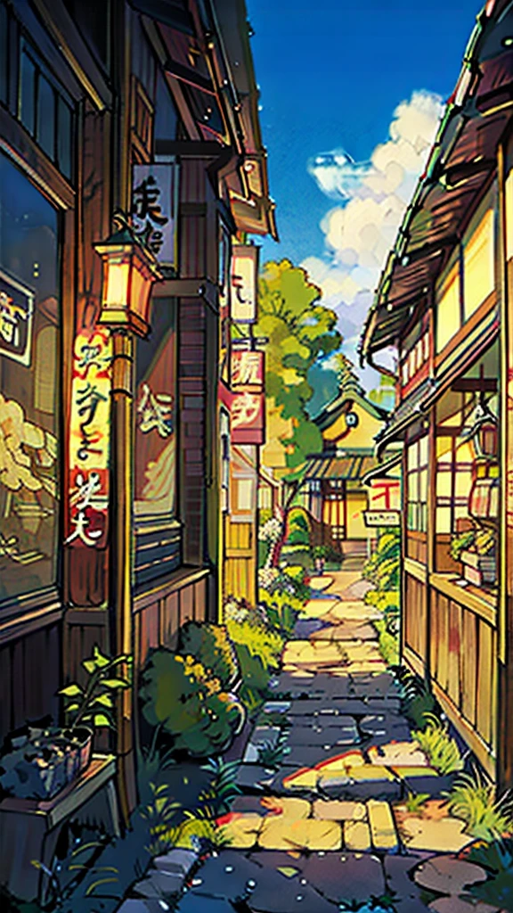 urban Japanese street next to stream of water, traditional Japanese lantern, (no one: 1), no one in sight, no people, best quality, anime, anime style, lofi, calm, row of building next to river, urban Japanese street next to stream of water, traditional Japanese lantern, (no one: 1), no one in sight, no people, best quality, anime, anime style, lofi, calm, row of building next to river, anime background, anime wallpaper, anime, anime style, lofi, lofi style, modern japanese street, modern japanese architecture, japanese convenience store, big retro japanese shop signs, retro japanese store, trees, plants, rocks, plant pots, shop signs, japanese banners, japanese signs, flags, sunrise, empty street, no one in sight, (no one: 1), best quality, rural tokyo, sun in sky, view from balcony of nearby apartment