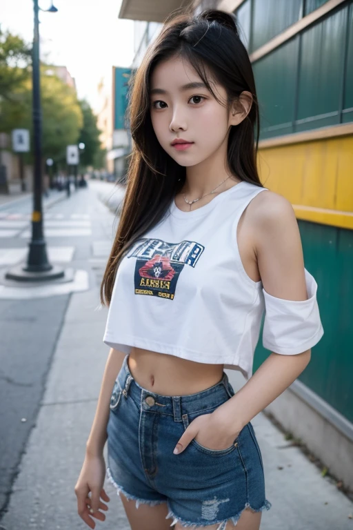 young woman, straight brown hair, dark and tanned skin, wearing a white top and beige cargo pants, Ao fundo, a wall with graffiti at night, wearing a collar with a dog tag
