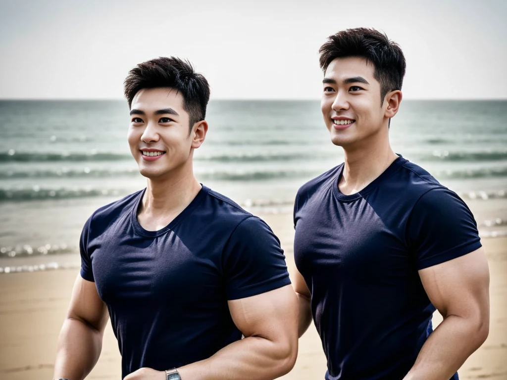 (Create a masterpiece: 1.2),(CGI art:1.3),(realistic:1.5),(After processing:1.3), (Sharp focus:1.3), 1 man, open mouth, smile, (Navy blue round neck shirt), Navy cargo pants, Korean guy , korean men, (High gloss details), chest muscles, large arm muscles, blood vessel, Big muscles, Broad shoulders, looking at the audience, Balancing the eyes, Seaside, beach, sunlight, running towards the camera