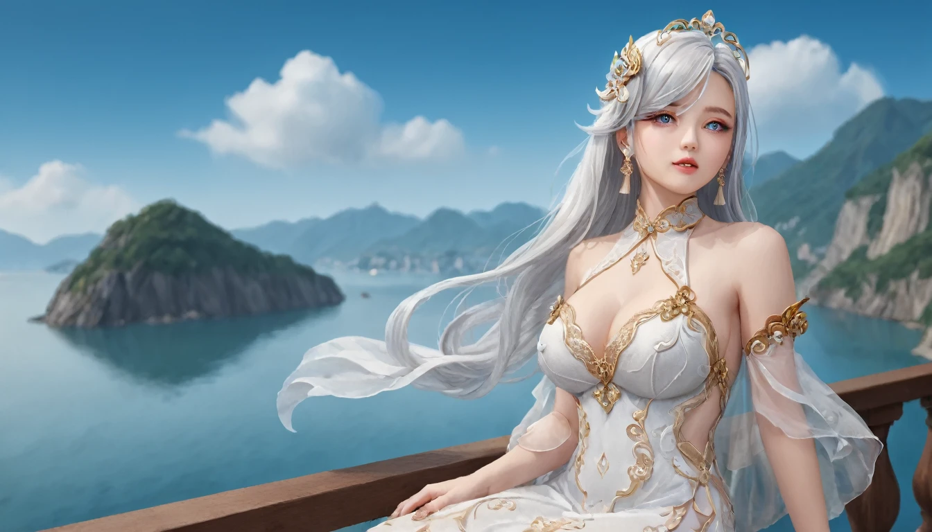 Woman in transparent dress,Viewer,(((Full breasts, Keeley University))),Slim waist,(Navel exposed,Bare waist), Long hair, extreme detailed details, Detailed fantasy art, Stunning character art, Beautiful and exquisite character art, Beautiful transparent dress, Very detailed, Girl wearing flowing Hanfu, Exquisite headpieces and jewellery,Crystal jewelry filigree, galaxy, Stunning visuals, (Dynamic Stripes, light rail:1.2), Vibrant colors,Long hair动漫女孩和狐狸, 美丽的白金色Angel女士, 白毛Angel, Beautiful character painting, Beautiful anime portrait, Angel翅膀的女孩, a beautiful Angel woman, Mystical artwork, Guweiz, by Ren Renfa, Angel, Large Breasts，Full breasts，Golden ratio figure，Perfect body，Ultra wide-angle shooting，Full body shot，Body close-up，Full body shot，Wearing a pleated tulle skirt，Soft anime illustration, Soft dark background，Fujifilm XT3 Clear focus, f 5.6, High Detail, Clear focus, Dramatic, (Wearing openwork clothing), (Looking at the audience:1.8), (Natural light), (Tempting)translucent, Good velvet quality, Compared, Divine Light,, Silver gray hair, Sky background, Absolute Strength,女性Angel，Girl in sexy silk,，Large Breasts，Full breasts，Golden ratio figure，Perfect body，Ultra wide-angle shooting，Full body shot，Body close-up，Full body shot， Wearing a tulle dress, Model shooting style, Large Breasts，Full breasts，Golden ratio figure，Perfect body，(Extremely detailed CG 8k wallpaper unit), The most beautiful artistic photos in the world, , 8K Ultra HD, ) On the big white bed，Lazy gesture，Charming and seductive expression，best quality,masterpiece,Ultra-high resolution,(Practical:1.4),original photo,Ultra-high resolution，White skin，Exquisite makeup，Long legs，Bright beautiful eyes，用深色眼影打造Exquisite makeup，