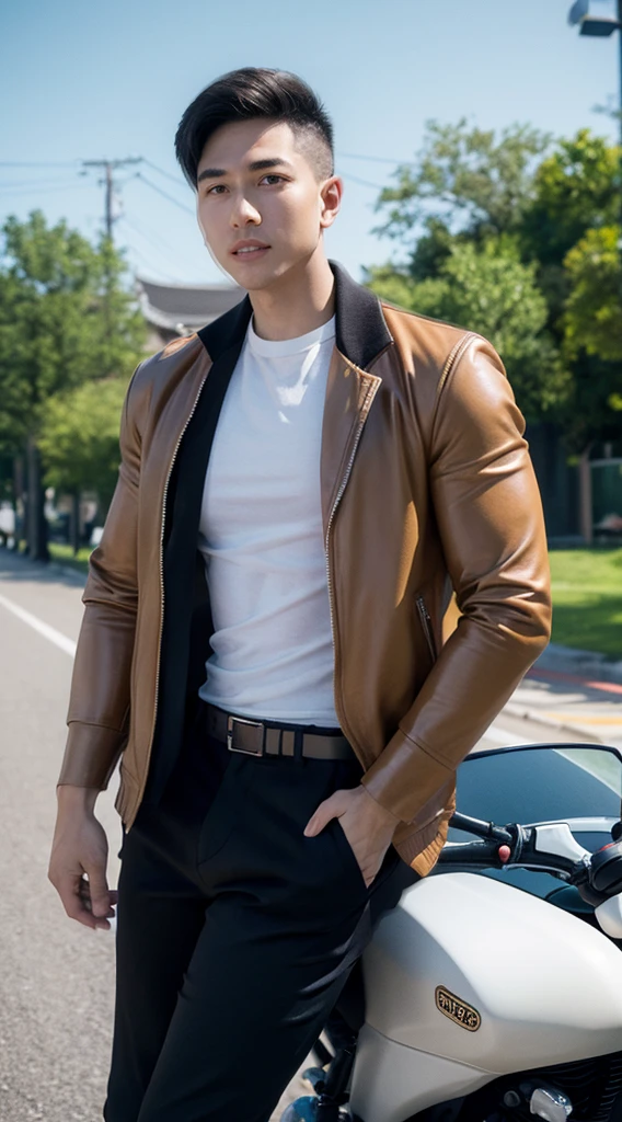 Masterpiece, best quality best, 1 young man, Asian man, East Asian people, one person, The muscles are in good proportion., Posing obscenely, short hair details， white teeth, jacket set, road background, Realistic style，photography，Can be seen from the front, see viewers