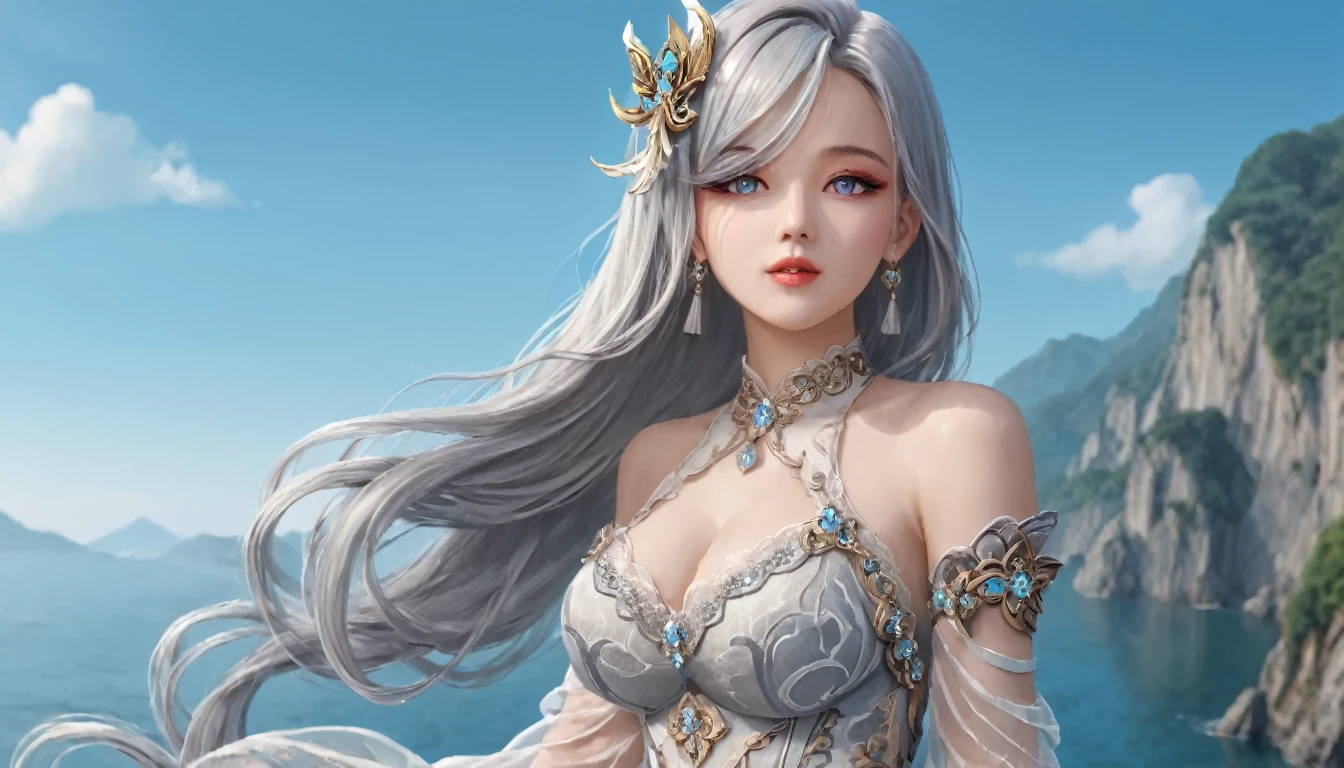 Woman in transparent dress,Viewer,(((Full breasts, Keeley University))),Slim waist,(Navel exposed,Bare waist), Long hair, extreme detailed details, Detailed fantasy art, Stunning character art, Beautiful and exquisite character art, Beautiful transparent dress, Very detailed, Girl wearing flowing Hanfu, Exquisite headpieces and jewellery,Crystal jewelry filigree, galaxy, Stunning visuals, (Dynamic Stripes, light rail:1.2), Vibrant colors,Long hair动漫女孩和狐狸, 美丽的白金色Angel女士, 白毛Angel, Beautiful character painting, Beautiful anime portrait, Angel翅膀的女孩, a beautiful Angel woman, Mystical artwork, Guweiz, by Ren Renfa, Angel, Large Breasts，Full breasts，Golden ratio figure，Perfect body，Ultra wide-angle shooting，Full body shot，Body close-up，Full body shot，Wearing a pleated tulle skirt，Soft anime illustration, Soft dark background，Fujifilm XT3 Clear focus, f 5.6, High Detail, Clear focus, Dramatic, (Wearing openwork clothing), (Looking at the audience:1.8), (Natural light), (Tempting)translucent, Good velvet quality, Compared, Divine Light,, Silver gray hair, Sky background, Absolute Strength,女性Angel，Girl in sexy silk,，Large Breasts，Full breasts，Golden ratio figure，Perfect body，Ultra wide-angle shooting，Full body shot，Body close-up，Full body shot， Wearing a tulle dress, Model shooting style, Large Breasts，Full breasts，Golden ratio figure，Perfect body，(Extremely detailed CG 8k wallpaper unit), The most beautiful artistic photos in the world, , 8K Ultra HD, ) On the big white bed，Lazy gesture，Charming and seductive expression，best quality,masterpiece,Ultra-high resolution,(Practical:1.4),original photo,Ultra-high resolution，White skin，Exquisite makeup，Long legs，Bright beautiful eyes，用深色眼影打造Exquisite makeup，