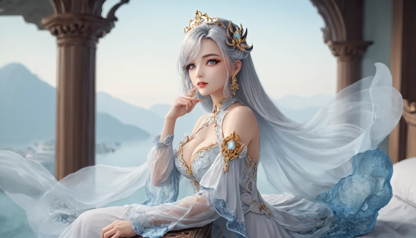 Woman in transparent dress,Viewer,(((Full breasts, Keeley University))),Slim waist,(Navel exposed,Bare waist), Long hair, extreme detailed details, Detailed fantasy art, Stunning character art, Beautiful and exquisite character art, Beautiful transparent dress, Very detailed, Girl wearing flowing Hanfu, Exquisite headpieces and jewellery,Crystal jewelry filigree, galaxy, Stunning visuals, (Dynamic Stripes, light rail:1.2), Vibrant colors,Long hair动漫女孩和狐狸, 美丽的白金色Angel女士, 白毛Angel, Beautiful character painting, Beautiful anime portrait, Angel翅膀的女孩, a beautiful Angel woman, Mystical artwork, Guweiz, by Ren Renfa, Angel, Large Breasts，Full breasts，Golden ratio figure，Perfect body，Ultra wide-angle shooting，Full body shot，Body close-up，Full body shot，Wearing a pleated tulle skirt，Soft anime illustration, Soft dark background，Fujifilm XT3 Clear focus, f 5.6, High Detail, Clear focus, Dramatic, (Wearing openwork clothing), (Looking at the audience:1.8), (Natural light), (Tempting)translucent, Good velvet quality, Compared, Divine Light,, Silver gray hair, Sky background, Absolute Strength,女性Angel，Girl in sexy silk,，Large Breasts，Full breasts，Golden ratio figure，Perfect body，Ultra wide-angle shooting，Full body shot，Body close-up，Full body shot， Wearing a tulle dress, Model shooting style, Large Breasts，Full breasts，Golden ratio figure，Perfect body，(Extremely detailed CG 8k wallpaper unit), The most beautiful artistic photos in the world, , 8K Ultra HD, ) On the big white bed，Lazy gesture，Charming and seductive expression，best quality,masterpiece,Ultra-high resolution,(Practical:1.4),original photo,Ultra-high resolution，White skin，Exquisite makeup，Long legs，Bright beautiful eyes，用深色眼影打造Exquisite makeup，