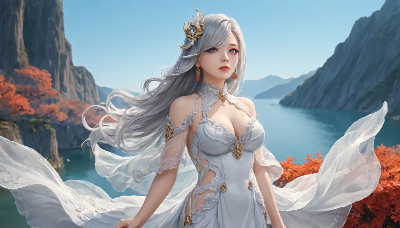 Woman in transparent dress,Viewer,(((Full breasts, Keeley University))),Slim waist,(Navel exposed,Bare waist), Long hair, extreme detailed details, Detailed fantasy art, Stunning character art, Beautiful and exquisite character art, Beautiful transparent dress, Very detailed, Girl wearing flowing Hanfu, Exquisite headpieces and jewellery,Crystal jewelry filigree, galaxy, Stunning visuals, (Dynamic Stripes, light rail:1.2), Vibrant colors,Long hair动漫女孩和狐狸, 美丽的白金色Angel女士, 白毛Angel, Beautiful character painting, Beautiful anime portrait, Angel翅膀的女孩, a beautiful Angel woman, Mystical artwork, Guweiz, by Ren Renfa, Angel, Large Breasts，Full breasts，Golden ratio figure，Perfect body，Ultra wide-angle shooting，Full body shot，Body close-up，Full body shot，Wearing a pleated tulle skirt，Soft anime illustration, Soft dark background，Fujifilm XT3 Clear focus, f 5.6, High Detail, Clear focus, Dramatic, (Wearing openwork clothing), (Looking at the audience:1.8), (Natural light), (Tempting)translucent, Good velvet quality, Compared, Divine Light,, Silver gray hair, Sky background, Absolute Strength,女性Angel，Girl in sexy silk,，Large Breasts，Full breasts，Golden ratio figure，Perfect body，Ultra wide-angle shooting，Full body shot，Body close-up，Full body shot， Wearing a tulle dress, Model shooting style, Large Breasts，Full breasts，Golden ratio figure，Perfect body，(Extremely detailed CG 8k wallpaper unit), The most beautiful artistic photos in the world, , 8K Ultra HD, ) On the big white bed，Lazy gesture，Charming and seductive expression，best quality,masterpiece,Ultra-high resolution,(Practical:1.4),original photo,Ultra-high resolution，White skin，Exquisite makeup，Long legs，Bright beautiful eyes，用深色眼影打造Exquisite makeup，