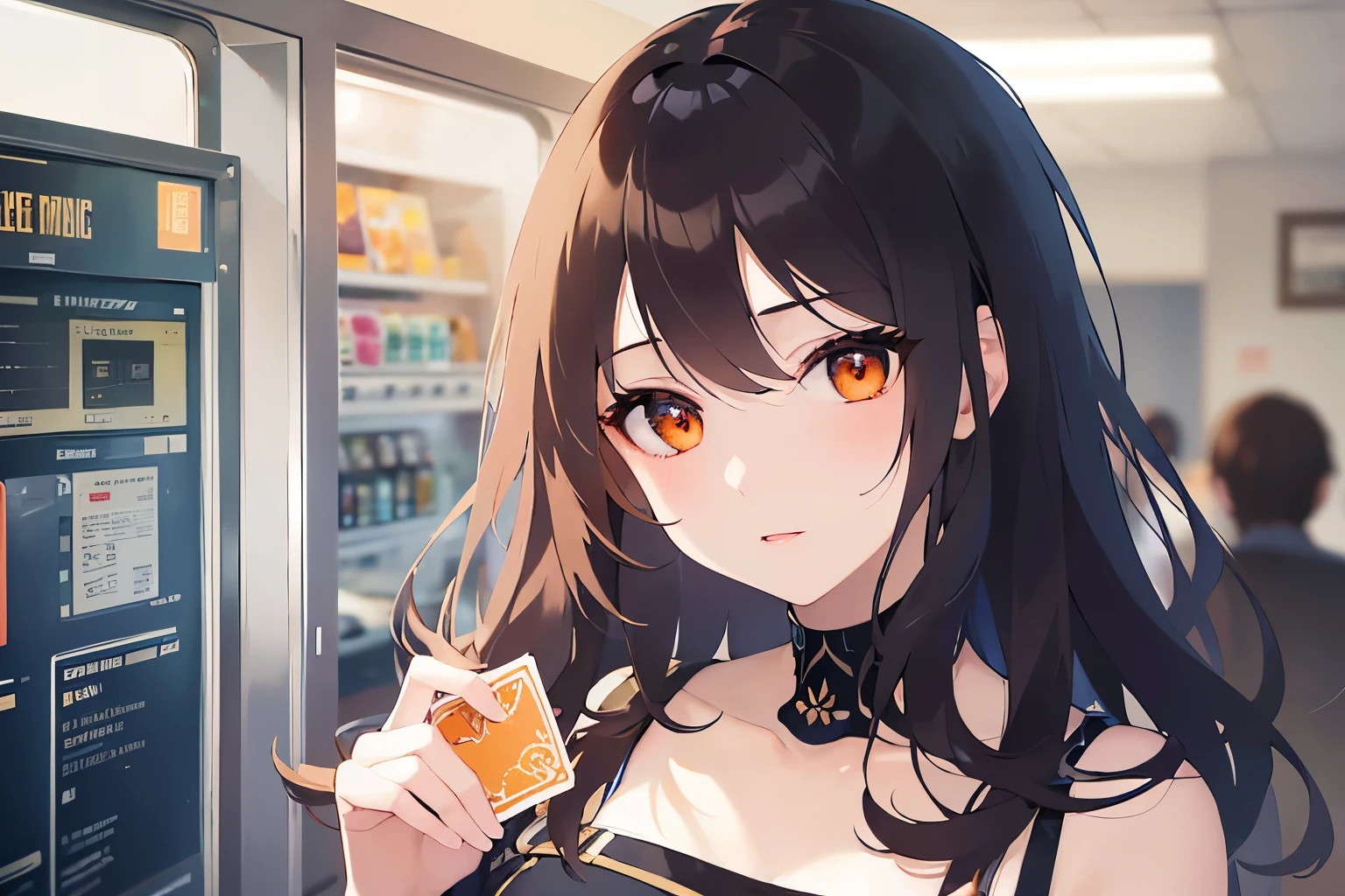 Detailed CG,Ultra-fine illustrations,masterpiece,Highest quality,BREAK(white)and(off shoulder blouse)BREAK,Realistic,real person,(pale skin: 1.2),RAW photo,photorealistic(Pale skin:1.2),shiny skin,shiny hair,(A 28-year-old woman with medium-length hair and bangs)and(wavy hair)and(brown hair)and(Orange Eyes:1.3),(mysterious:1.3),(head tilt),The background is inside a game center.,Alone,(holding a card in hand),(Biologically correct5Finger)