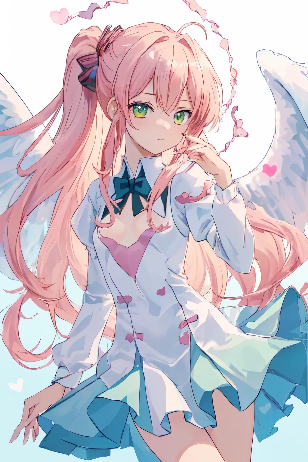 1_girl, (anime, kawai:2), (masterpeice, best_quality, clean:1.5), (sky_background:1.2), (cute, cute_smile, young:1.5), (delicate, extremely_delicate, beautiful, thin:1.5), (girlfriend, angel:1.8), (green_eyes, simple_eyes:1.8) (long_hair, blond_hair, wearing_pink_dress, pink_angel_wings, sexy_gloves:1.5), extremely_delicate, (love_magic:1.5), (age_size_fits_body), (small_thighs:1.3), (breasts), (eye_level:1.3), (heart_magic, love:1.5), (folded_legs:1.5)